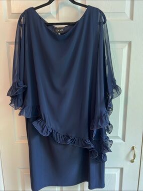 Xscape Navy Midi Dress with Ruffled Cape in great condition